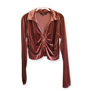 Chocolate Brown Velvet Cropped Button Top Mixed Threads Holiday Party Y2K